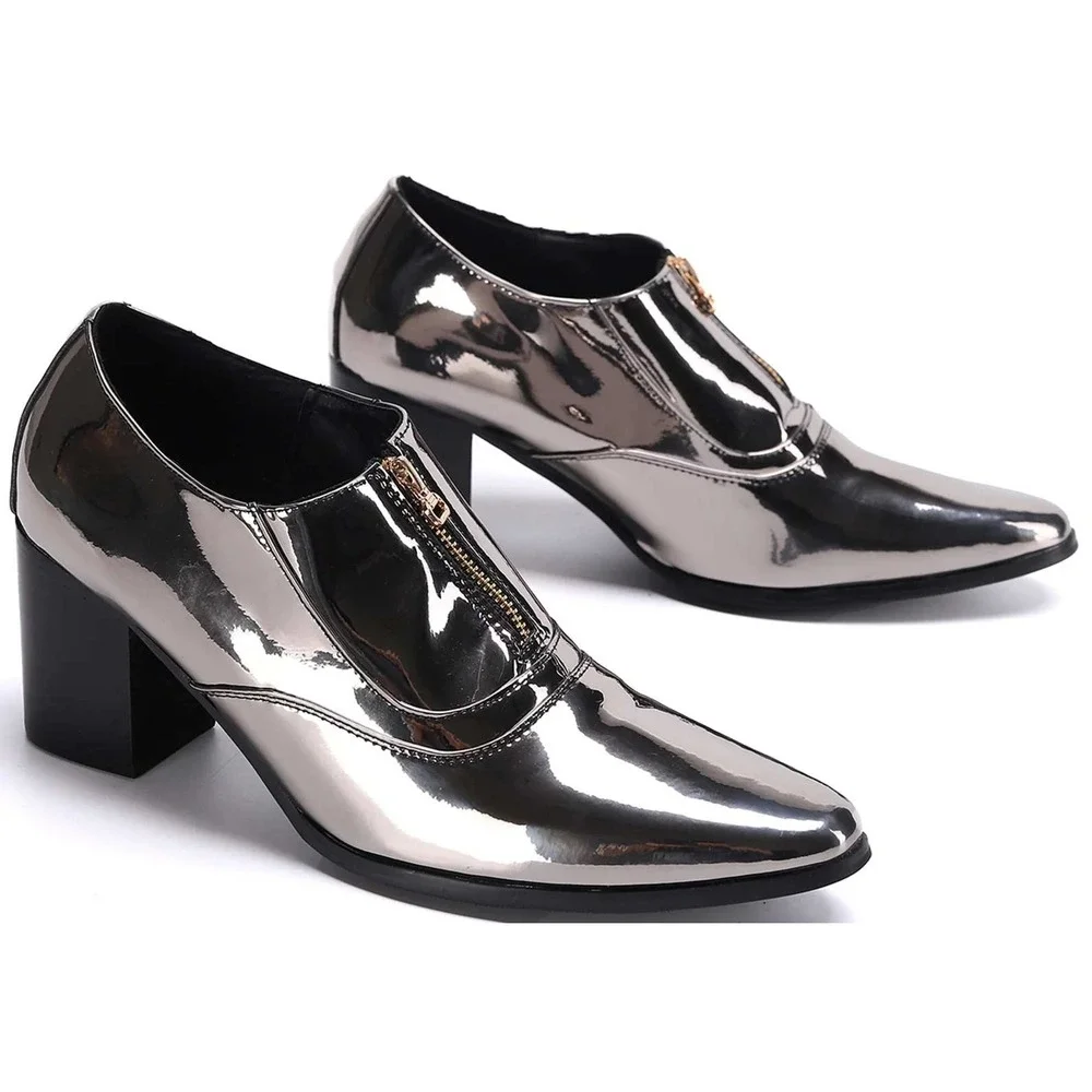 Santimon Men's US 9 Silver Bright Slip-on Opera Pumps Leather w/ SMALL SCUFF Hig